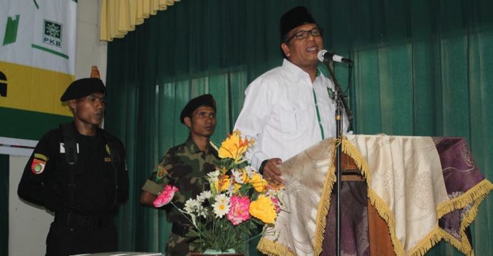 Ketua DPC PKB Madina, Khoiruddin Faslah Siregar pada saat memberikan kata sambutan di acara Sosialisasi 4 PilarKebangsaan dan Pengkaderan Tingkat Dasar.